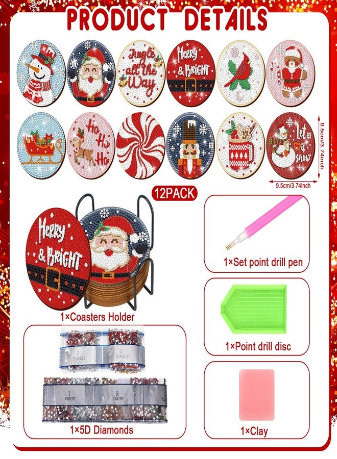 Suttmin 12 Pcs Christmas Diamond Painting Coasters Kits with Holder Diamond Art Christmas Coaster for Adults DIY Art and Craft Supplies(Santa Claus) - Image 2