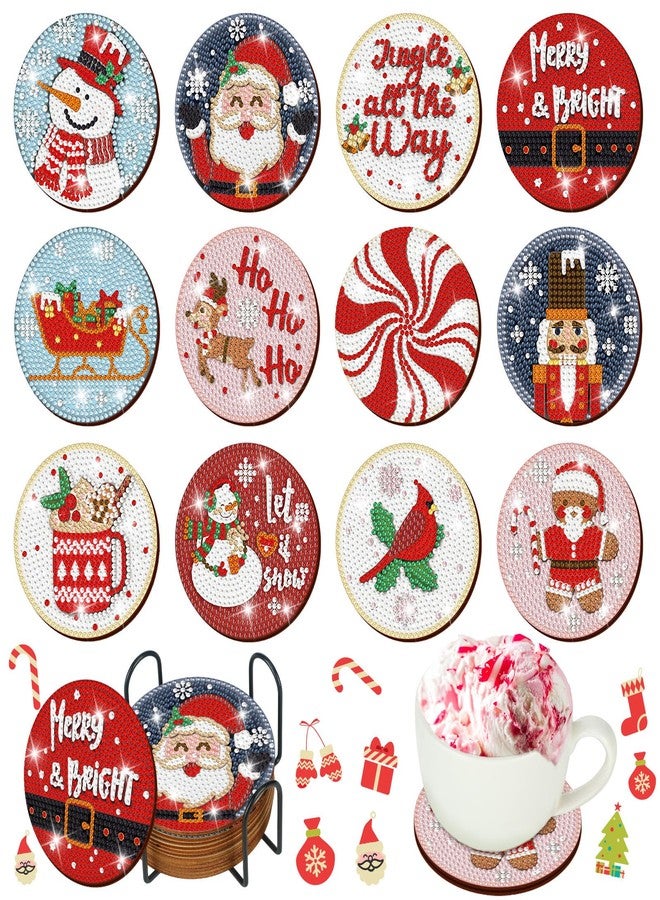 Suttmin 12 Pcs Christmas Diamond Painting Coasters Kits with Holder Diamond Art Christmas Coaster for Adults DIY Art and Craft Supplies(Santa Claus) - Image 1