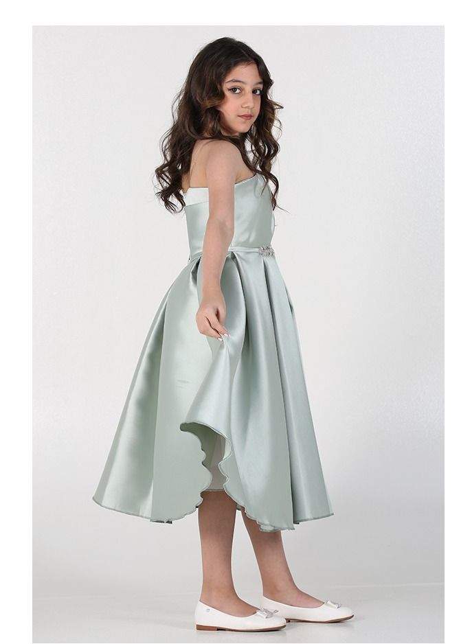 Modern Design A luxurious evening dress for girls, of Mikado taffeta material, distinguished by an elegant touch in the chest and decorated with an elegant belt inlaid with luxurious crystal beads from the bottom,  - Image 2