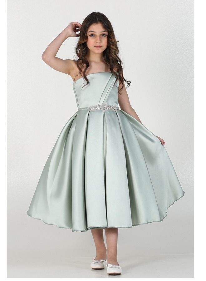 Modern Design A luxurious evening dress for girls, of Mikado taffeta material, distinguished by an elegant touch in the chest and decorated with an elegant belt inlaid with luxurious crystal beads from the bottom,  - Image 1