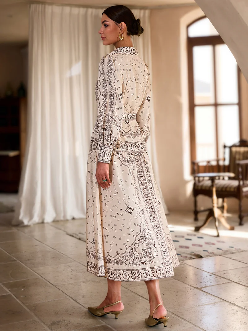 Simplee Lapel Long Sleeve Printed Maxi Dress, Loose Flowy Vacation Dress