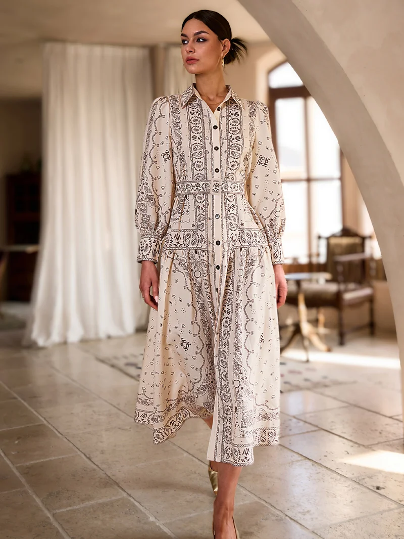 Simplee Lapel Long Sleeve Printed Maxi Dress, Loose Flowy Vacation Dress