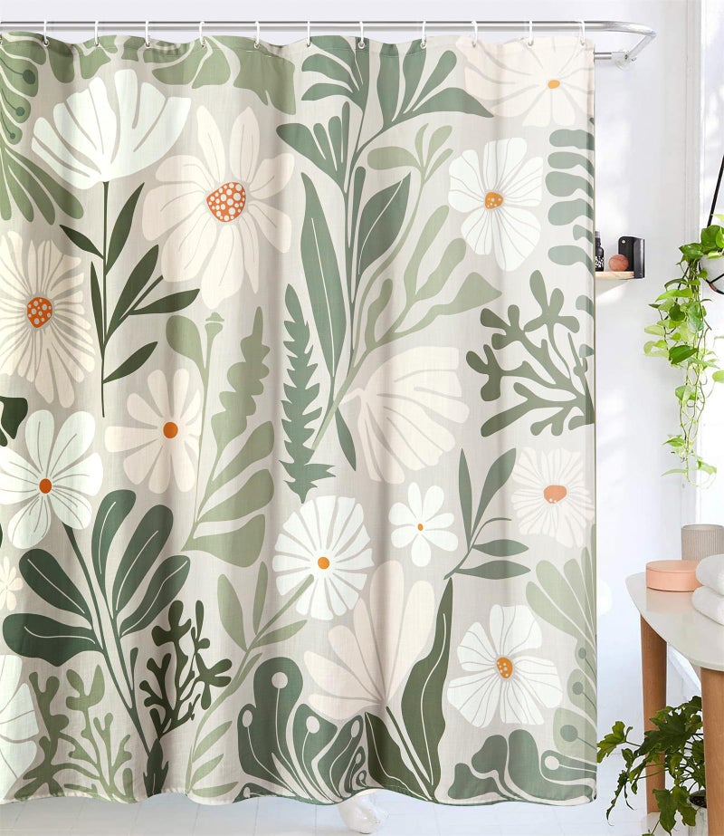RoomTalks Cute Green Faux Linen Shower Curtain for Aesthetic Bathroom Decor - 210GSM Heavy Duty Modern Floral Matisse Spring Summer Flowers Plants Botanical Shower Curtain Set with Hooks - Image 1