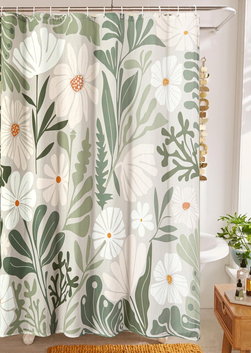 RoomTalks Cute Green Faux Linen Shower Curtain for Aesthetic Bathroom Decor - 210GSM Heavy Duty Modern Floral Matisse Spring Summer Flowers Plants Botanical Shower Curtain Set with Hooks - Image 2