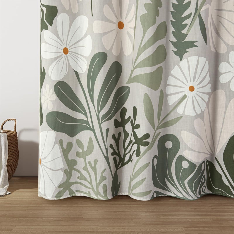 RoomTalks Cute Green Faux Linen Shower Curtain for Aesthetic Bathroom Decor - 210GSM Heavy Duty Modern Floral Matisse Spring Summer Flowers Plants Botanical Shower Curtain Set with Hooks - Image 3