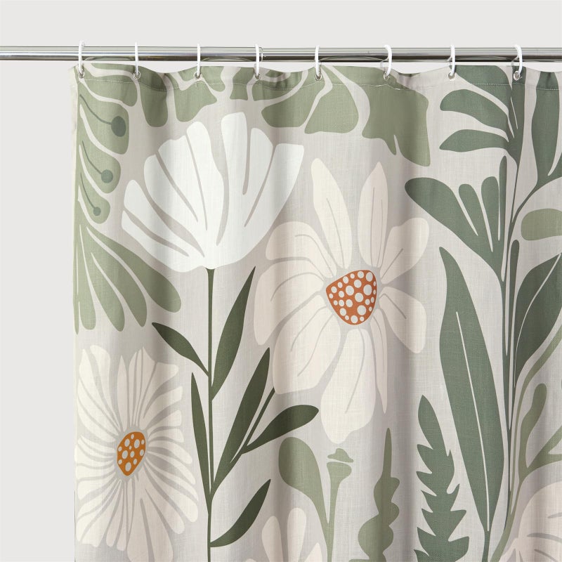 RoomTalks Cute Green Faux Linen Shower Curtain for Aesthetic Bathroom Decor - 210GSM Heavy Duty Modern Floral Matisse Spring Summer Flowers Plants Botanical Shower Curtain Set with Hooks - Image 4
