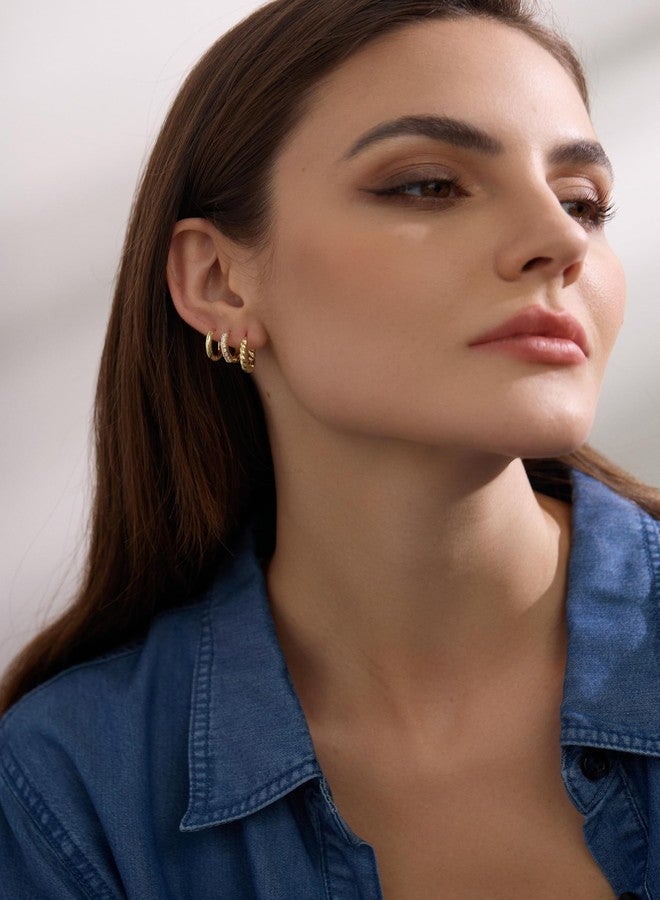 أليكس كرافت طقم من 3 أزواج من الأقراط الحلقية الصغيرة للنساء، مصنوعة من الذهب عيار 14 قيراطاً، مضادة للحساسية، خفيفة الوزن، وعصرية. - Image 5