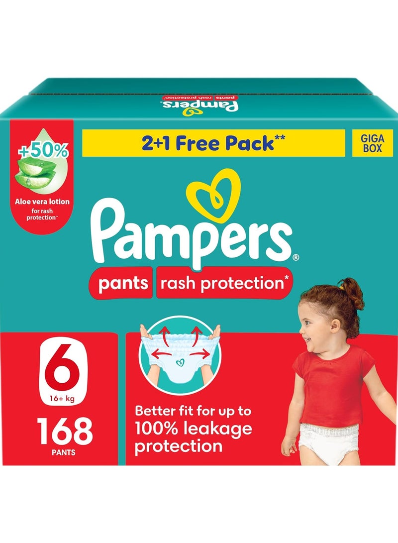 Pampers Rash Protection Pants Diapers, Size 6, 16+kg, +50% Aloe Vera Lotion, 360° Leak-Free Fit for up to 100% Leakage Protection, Giga Box, 168 Count