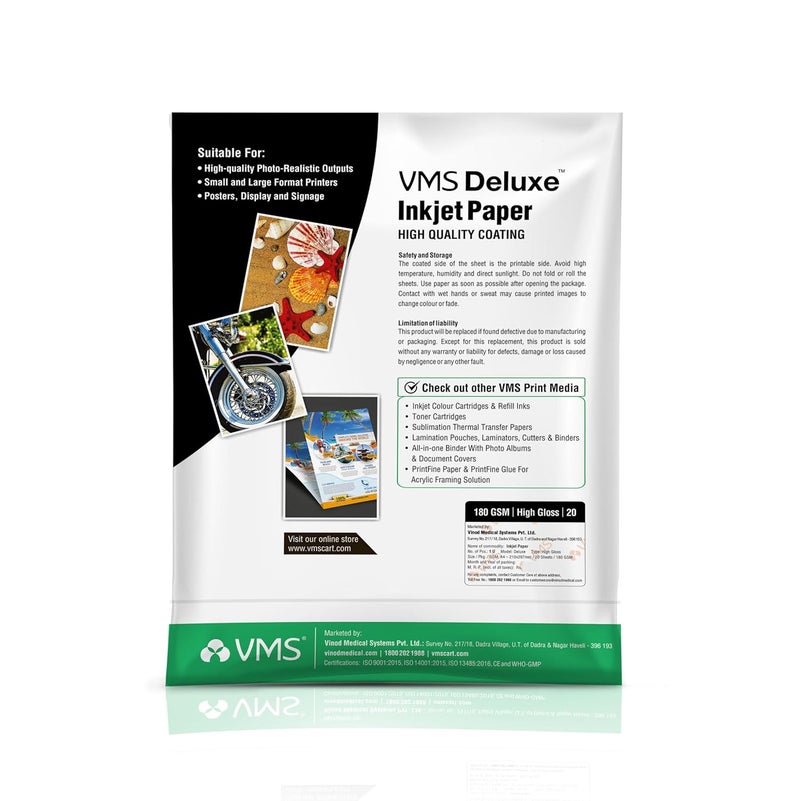 VMS Deluxe 180 GSM A4 Glossy Photo Paper – Water Resistant, Pack of 20 sheets, Compatible with all Inkjet Printers - Image 2