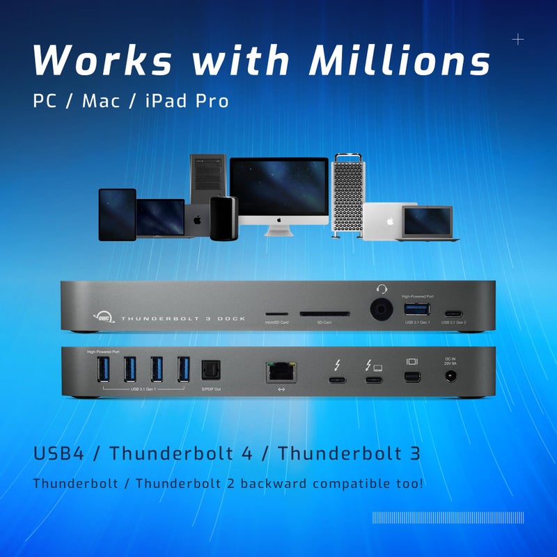 OWC محطة Thunderbolt بـ 14 منفذ، شحن 85 واط، (2) Thunderbolt بسرعة 40 Gb/s (USB-C)، (5) USB 3.2 نوع-A، USB 3.2 (10Gb/s) نوع-C، Mini DisplayPort، GbE، صوت، عرض 5K واحد أو عرضين 4K، كابل، لجهاز Mac/PC - Image 2