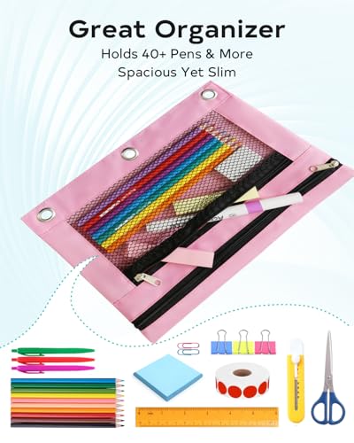 ASBEFORE Pink Pencil Pouch for 3 Ring Binder - Zipper Pencil Case Bag Holder Bulk Accessories, Small Clear Window Aesthetic Organizer Pockets 3 Hole School Essentials - Image 5