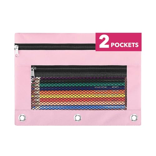 ASBEFORE Pink Pencil Pouch for 3 Ring Binder - Zipper Pencil Case Bag Holder Bulk Accessories, Small Clear Window Aesthetic Organizer Pockets 3 Hole School Essentials - Image 1