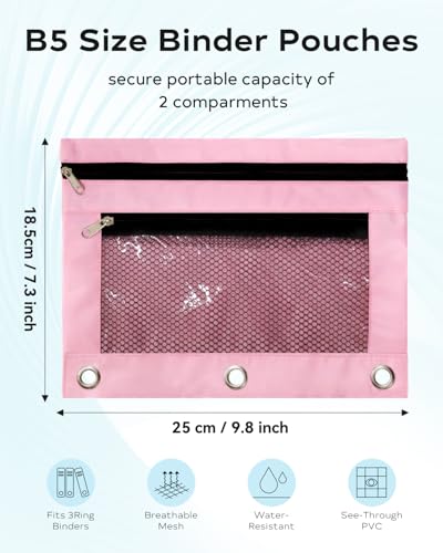 ASBEFORE Pink Pencil Pouch for 3 Ring Binder - Zipper Pencil Case Bag Holder Bulk Accessories, Small Clear Window Aesthetic Organizer Pockets 3 Hole School Essentials - Image 2