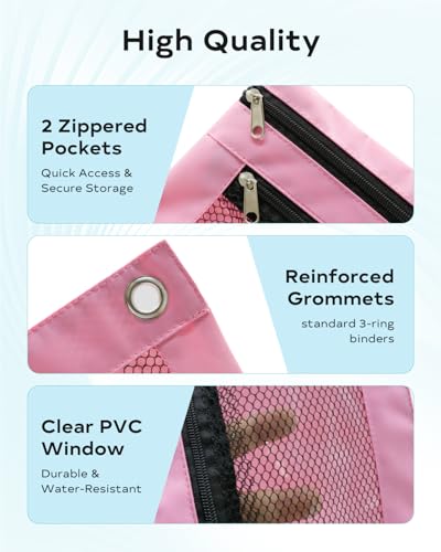 ASBEFORE Pink Pencil Pouch for 3 Ring Binder - Zipper Pencil Case Bag Holder Bulk Accessories, Small Clear Window Aesthetic Organizer Pockets 3 Hole School Essentials - Image 3