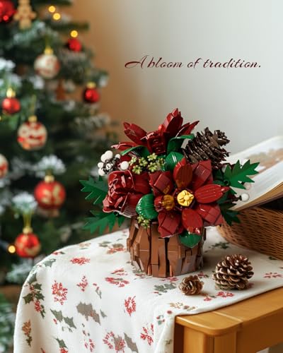 Nifeliz Poinsettia Flowers Building Set Artificial Poinsettia Floral Arrangement for Adults Tabletop Flower Decor for Home or Desk Display 767 PCS NF10347 - Image 5
