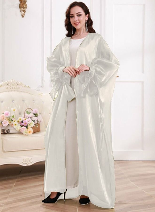 Loquat Women's Solid Color Puff Sleeve Abaya Elegant Long Cardigan White 