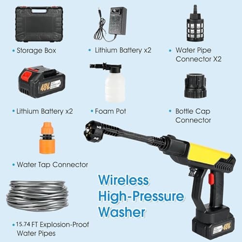 BOVTY Turbowash Cordless Portable 48V Wireless Pressure Washer Gun -12000mAh High Pressure Water Gun for Car and Bike Wash, Adjustable 6 in 1 Nozzle, 5M Hose Pipe, Double Battery Included (Yellow) - Image 2