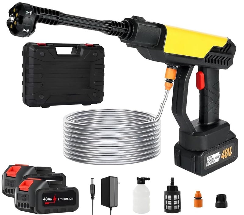 BOVTY Turbowash Cordless Portable 48V Wireless Pressure Washer Gun -12000mAh High Pressure Water Gun for Car and Bike Wash, Adjustable 6 in 1 Nozzle, 5M Hose Pipe, Double Battery Included (Yellow) - Image 1