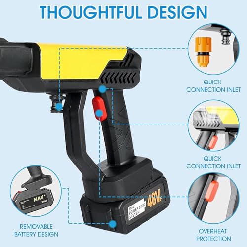 BOVTY Turbowash Cordless Portable 48V Wireless Pressure Washer Gun -12000mAh High Pressure Water Gun for Car and Bike Wash, Adjustable 6 in 1 Nozzle, 5M Hose Pipe, Double Battery Included (Yellow) - Image 3