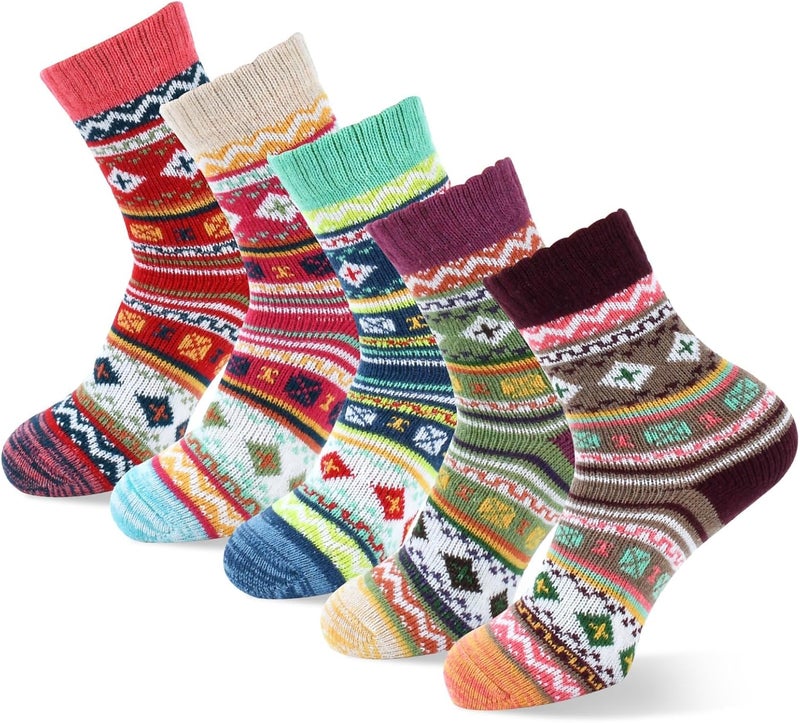 Luckam Wool Socks, 5 Pairs Winter Warm Thick Crew Knit Socks, Vintage Cozy Soft Lovely Socks, Cabin Gifts for Women Men - Image 1