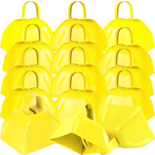LOSYHU 15 Pack 3 Inch Metal Cowbell Noisemaker Cheering Bell Yellow Cowbells for Sporting Events Bulk Loud Cow Bell with Handles Small Hand Percussion Cowbells for Cheering Football Games Weddings - Image 1