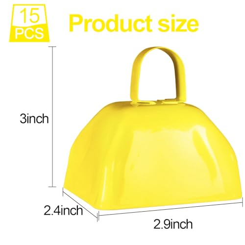 LOSYHU 15 Pack 3 Inch Metal Cowbell Noisemaker Cheering Bell Yellow Cowbells for Sporting Events Bulk Loud Cow Bell with Handles Small Hand Percussion Cowbells for Cheering Football Games Weddings - Image 3