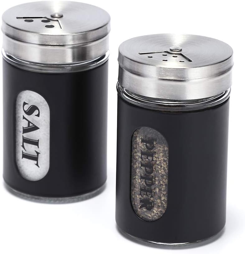 STJKBDFC Salt and Pepper Shakers Stainless Steel and Glass Set with Adjustable Pour Holes (Black) - Image 1