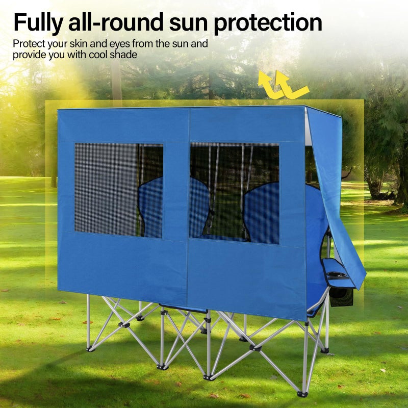 BDL Double Camping Chair with Canopy, Two Person Folding Loveseat with Shade, Heavy Duty Beach Chair with Cooler Bag, Cup Holder for Outside, Fishing, Sports, Beach-Sky Blue - Image 2