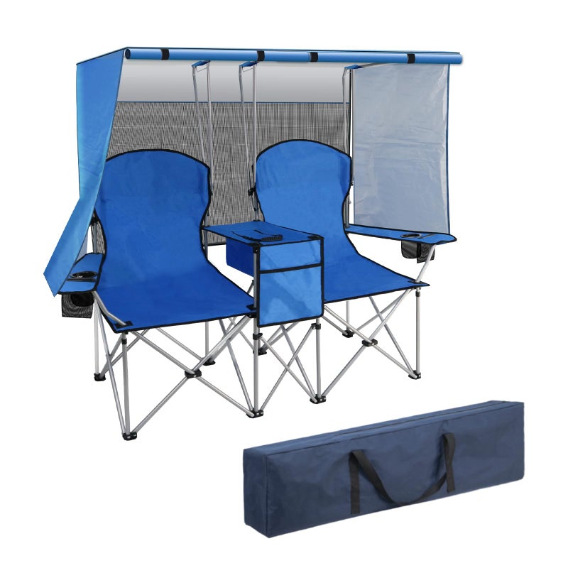 BDL Double Camping Chair with Canopy, Two Person Folding Loveseat with Shade, Heavy Duty Beach Chair with Cooler Bag, Cup Holder for Outside, Fishing, Sports, Beach-Sky Blue - Image 1
