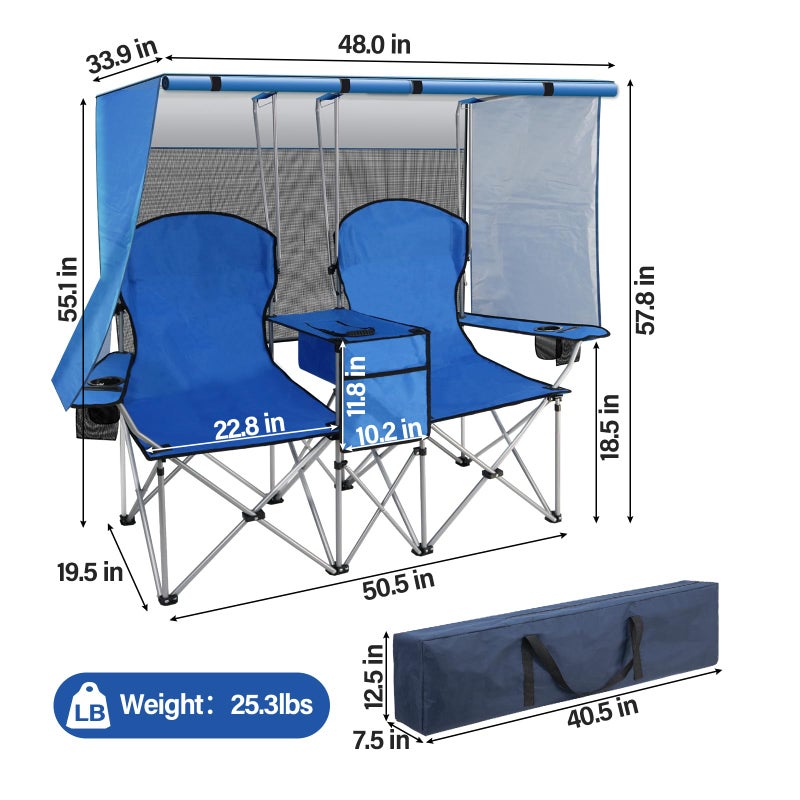 BDL Double Camping Chair with Canopy, Two Person Folding Loveseat with Shade, Heavy Duty Beach Chair with Cooler Bag, Cup Holder for Outside, Fishing, Sports, Beach-Sky Blue - Image 4
