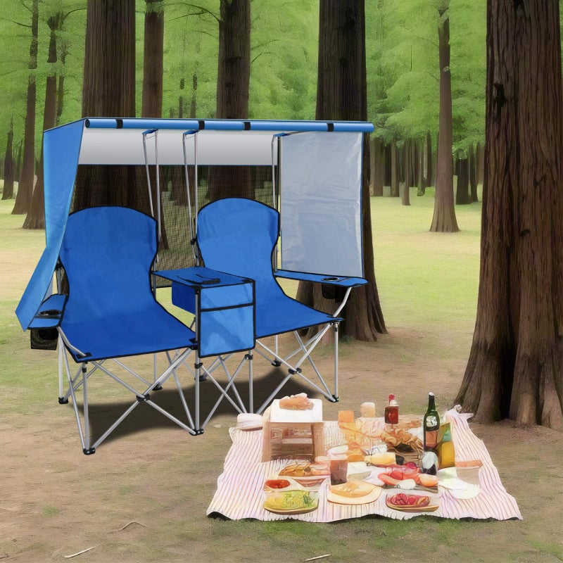 BDL Double Camping Chair with Canopy, Two Person Folding Loveseat with Shade, Heavy Duty Beach Chair with Cooler Bag, Cup Holder for Outside, Fishing, Sports, Beach-Sky Blue - Image 5