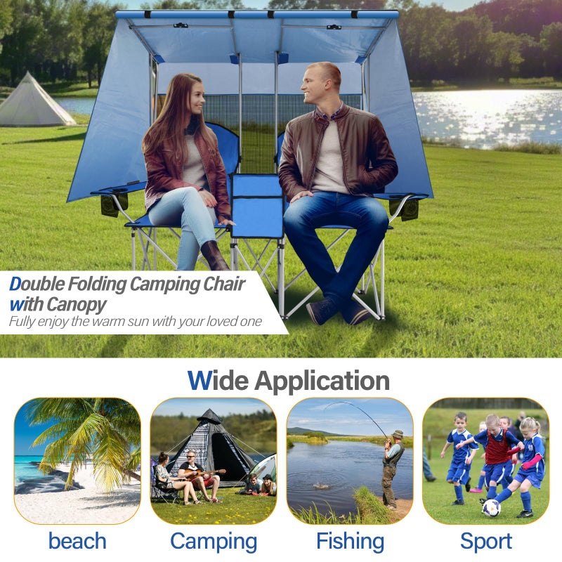 BDL Double Camping Chair with Canopy, Two Person Folding Loveseat with Shade, Heavy Duty Beach Chair with Cooler Bag, Cup Holder for Outside, Fishing, Sports, Beach-Sky Blue - Image 3