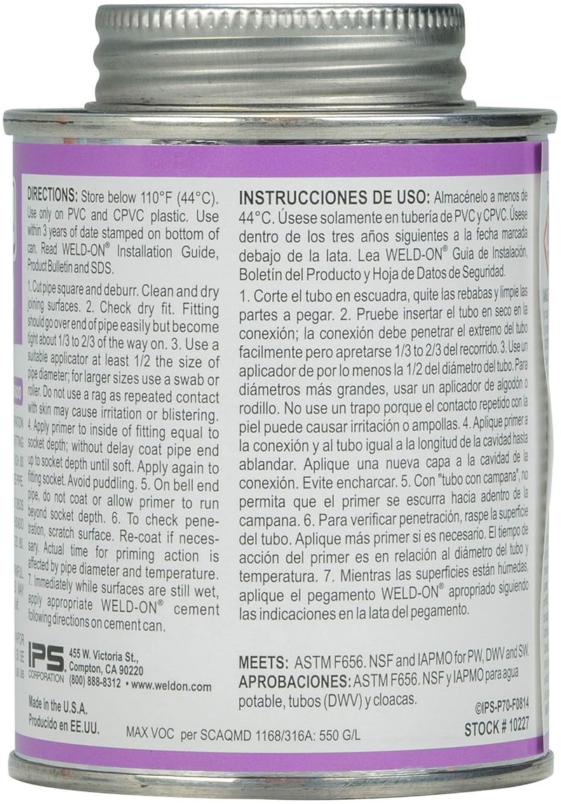 WELDON 10227 P-70 Industrial Grade PVC/CPVC Non-Bodied Primer - Fast Acting and Low-VOC, Purple, 1/2 Pint (8 fl oz) - Image 2