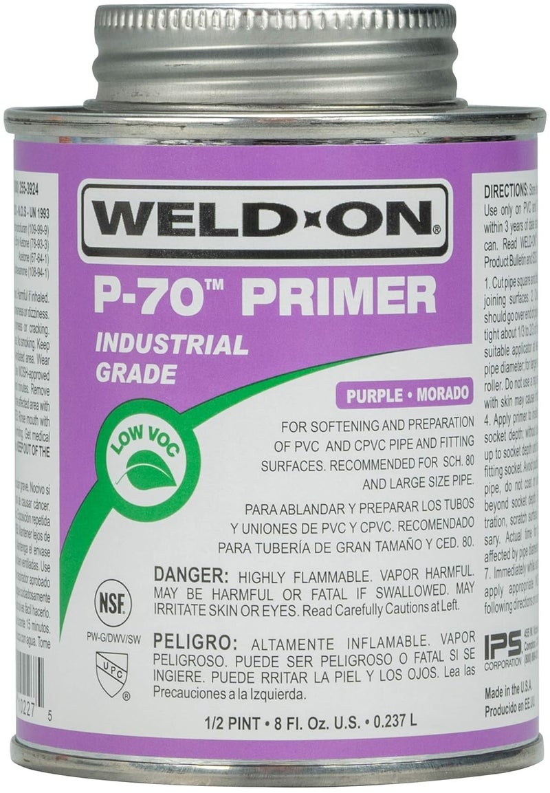 WELDON 10227 P-70 Industrial Grade PVC/CPVC Non-Bodied Primer - Fast Acting and Low-VOC, Purple, 1/2 Pint (8 fl oz) - Image 1