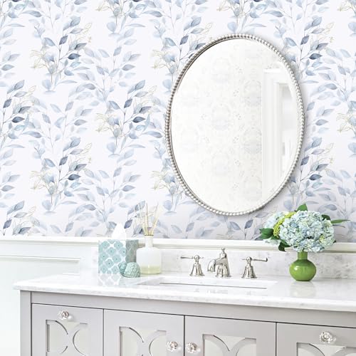 HeloHo Peel and Stick Wallpaper Green Blue Floral Leaf Wall Paper Self Adhesive Removable Waterproof Contact Paper for Bathroom Bedroom Living Room Decor 15.35" X 78.7" - Image 2