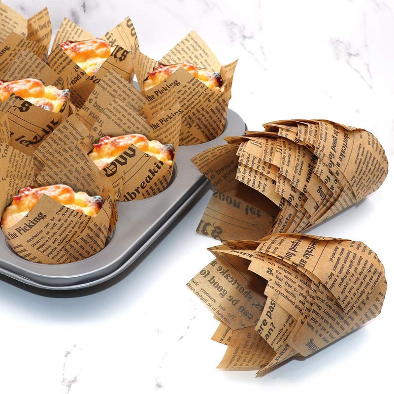 STARUBY 150pcs Tulip Cupcake Liners Baking Cups Muffin Liner Grease-Proof Paper Cupcake Wrappers for Wedding, Birthday Party, Standard Size (Natural Newspaper Printed) - Image 3