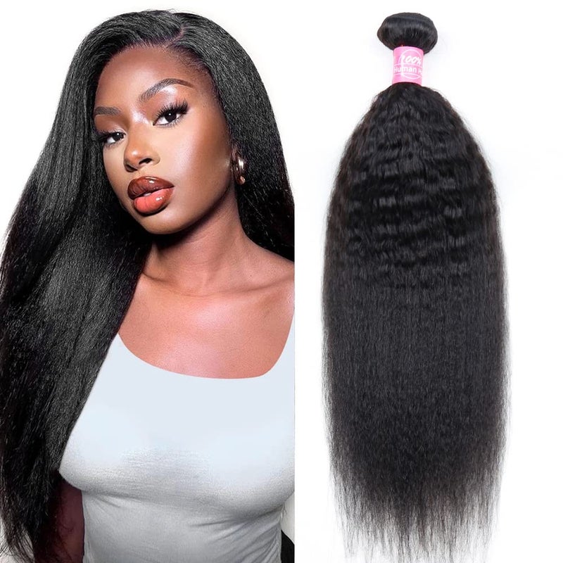 FQ Kinky Straight Bundles Human Hair 18 inch Yaki Straight Hair 1 Bundle 10A Brazilian Kinky Straight Human Hair Weave Extensions For Black Women 100g/bundle Natural Color - Image 1