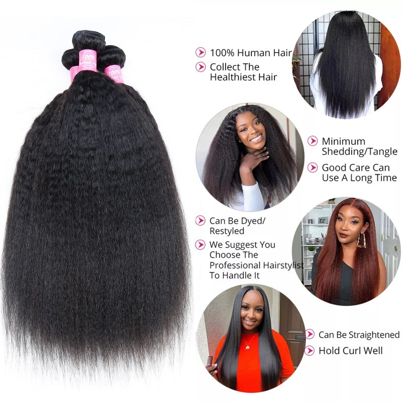 FQ Kinky Straight Bundles Human Hair 18 inch Yaki Straight Hair 1 Bundle 10A Brazilian Kinky Straight Human Hair Weave Extensions For Black Women 100g/bundle Natural Color - Image 3