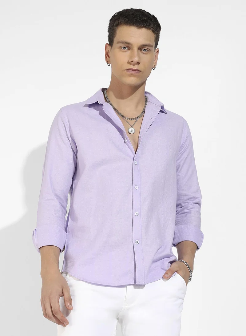 كامبوس سوترا Men's Lavender Self-Design Striped Shirt For Casual Wear | Spread Collar | Long Sleeve | Button Closure | Cotton Dobby Shirts Crafted With Comfort Fit For Everyday Wear