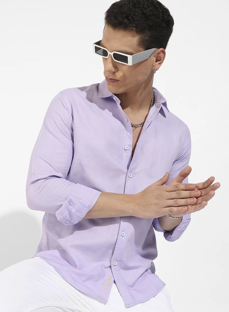 كامبوس سوترا Men's Lavender Self-Design Striped Shirt For Casual Wear | Spread Collar | Long Sleeve | Button Closure | Cotton Dobby Shirts Crafted With Comfort Fit For Everyday Wear