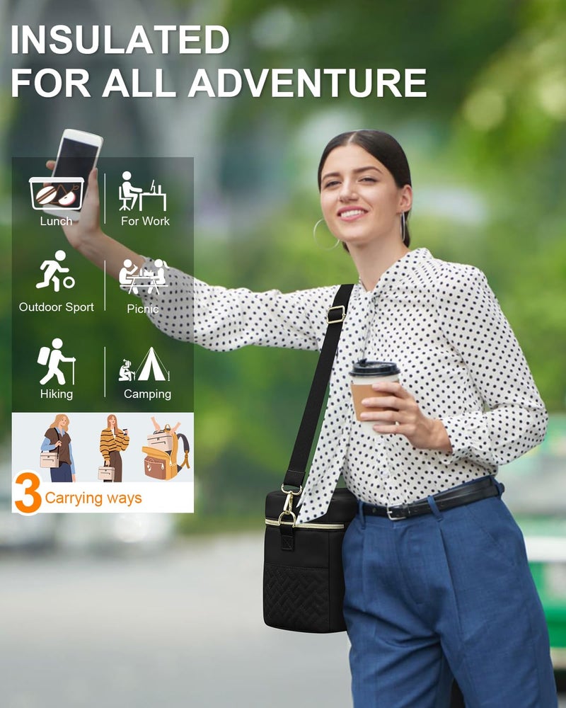 Capolo Lunch Box for Women Men Adults,Insulated Lunch Bag Leakproof Lunch Cooler Box with Removable Strap Cute Lunch Tote Bags Reusable Thermal Lunchbox for School Work Picnic(Small,Black) - Image 2