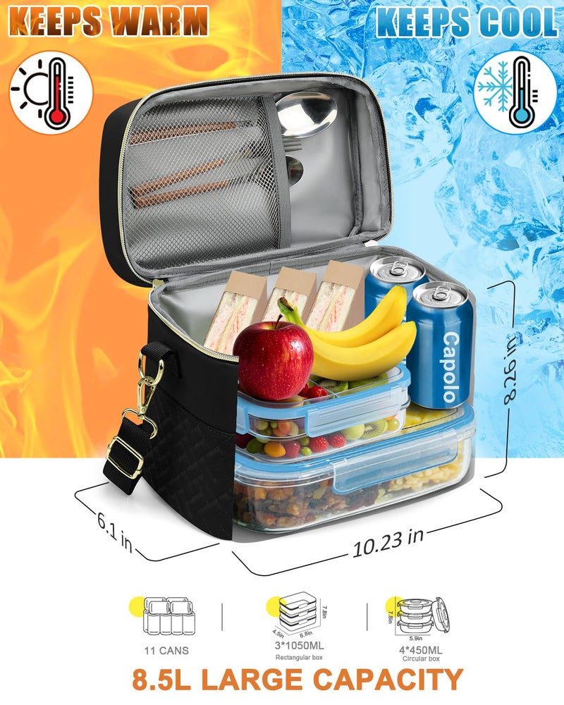 Capolo Lunch Box for Women Men Adults,Insulated Lunch Bag Leakproof Lunch Cooler Box with Removable Strap Cute Lunch Tote Bags Reusable Thermal Lunchbox for School Work Picnic(Small,Black) - Image 4