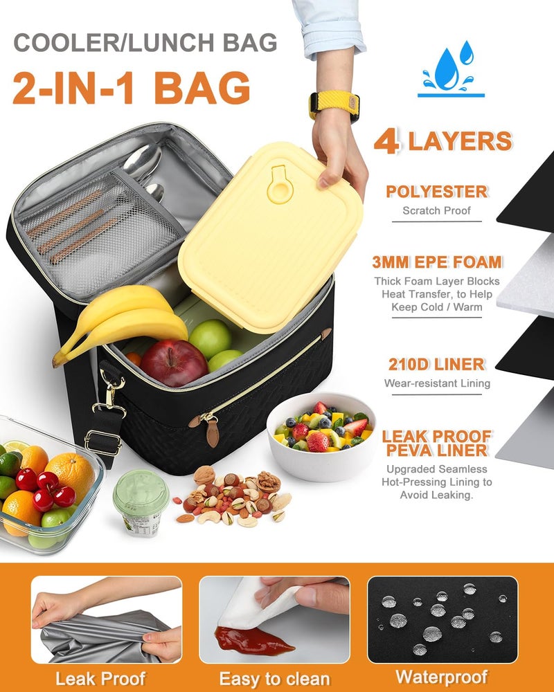 Capolo Lunch Box for Women Men Adults,Insulated Lunch Bag Leakproof Lunch Cooler Box with Removable Strap Cute Lunch Tote Bags Reusable Thermal Lunchbox for School Work Picnic(Small,Black) - Image 5