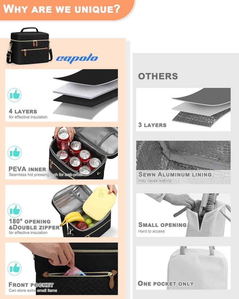 Capolo Lunch Box for Women Men Adults,Insulated Lunch Bag Leakproof Lunch Cooler Box with Removable Strap Cute Lunch Tote Bags Reusable Thermal Lunchbox for School Work Picnic(Small,Black) - Image 3