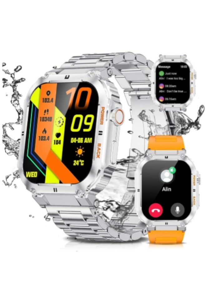 AROAQ Military Smart Watch for Men with 1.96'' HD Touch Screen, Bluetooth Call, 100+ Sports Modes, Heart Rate, SpO2 & BP Monitor, 5ATM Waterproof Fitness Tracker with 400mAh Battery – Android & iOS Compatible , Stainless Steel Strap Silver - Image 1