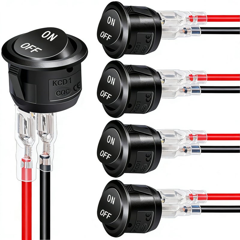 Twidec/5Pcs 12V Round Rocker Switch AC 6A/250V 10A/125V SPST 2 Pin 2 Position On/Off Toggle Switch for Car Boat Automotive RV Black with Wires KCD1-5-101-ON-OFF-CX - Image 1