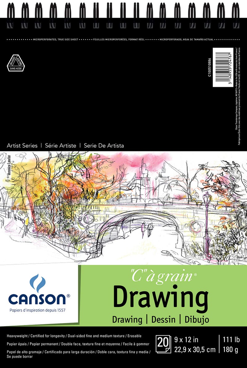 Canson Artist Series C   Grain Drawing Paper Wirebound Pad 9x12 inches 20 Sheets 111lb180g Artist Paper for Adults and Students Charcoal Colored Pencil Ink Pastel Marker
