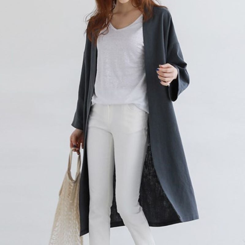 Mid-length Cotton and Linen Sunscreen Shirt Coat Womens Spring and Summer Korean-style Large Size Loose Linen Thin Over-the-knee Cardigan Trench Coat Khaki - Image 5