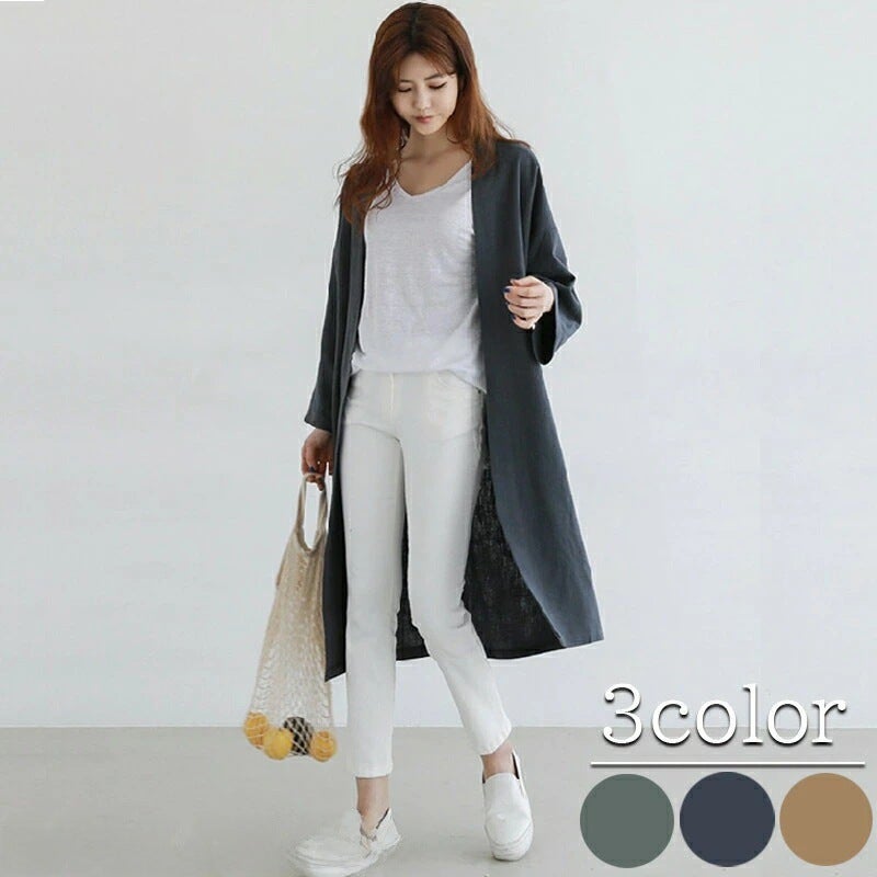 Mid-length Cotton and Linen Sunscreen Shirt Coat Womens Spring and Summer Korean-style Large Size Loose Linen Thin Over-the-knee Cardigan Trench Coat Khaki - Image 2
