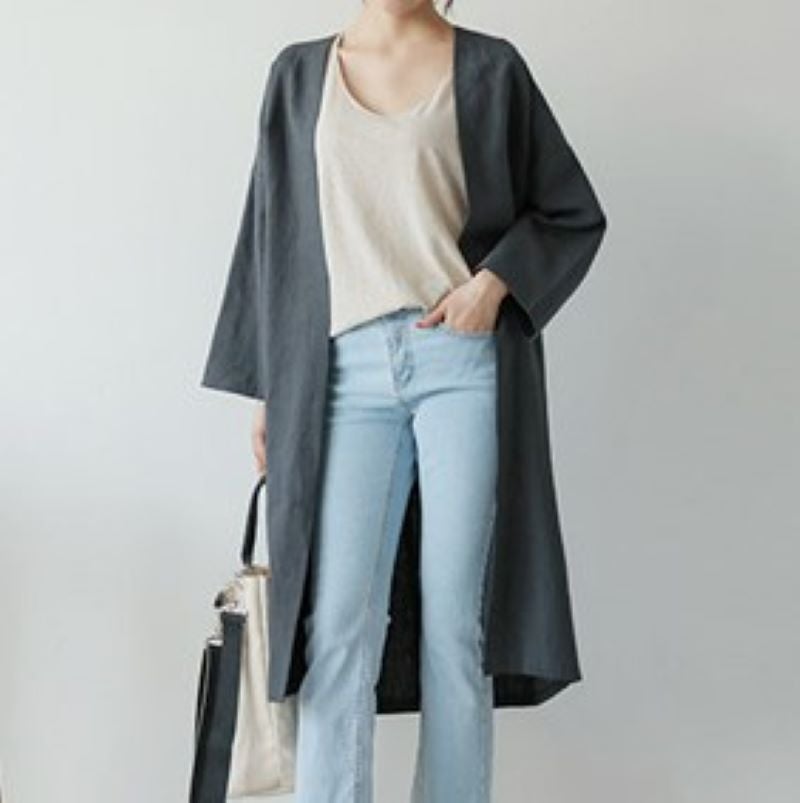 Mid-length Cotton and Linen Sunscreen Shirt Coat Womens Spring and Summer Korean-style Large Size Loose Linen Thin Over-the-knee Cardigan Trench Coat Khaki - Image 4